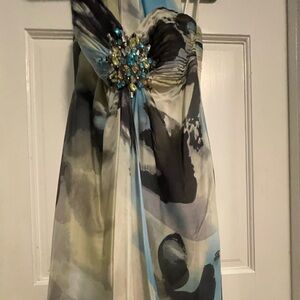 JVN by Jovani Silk StraplessWatercolor  Maxi Dress